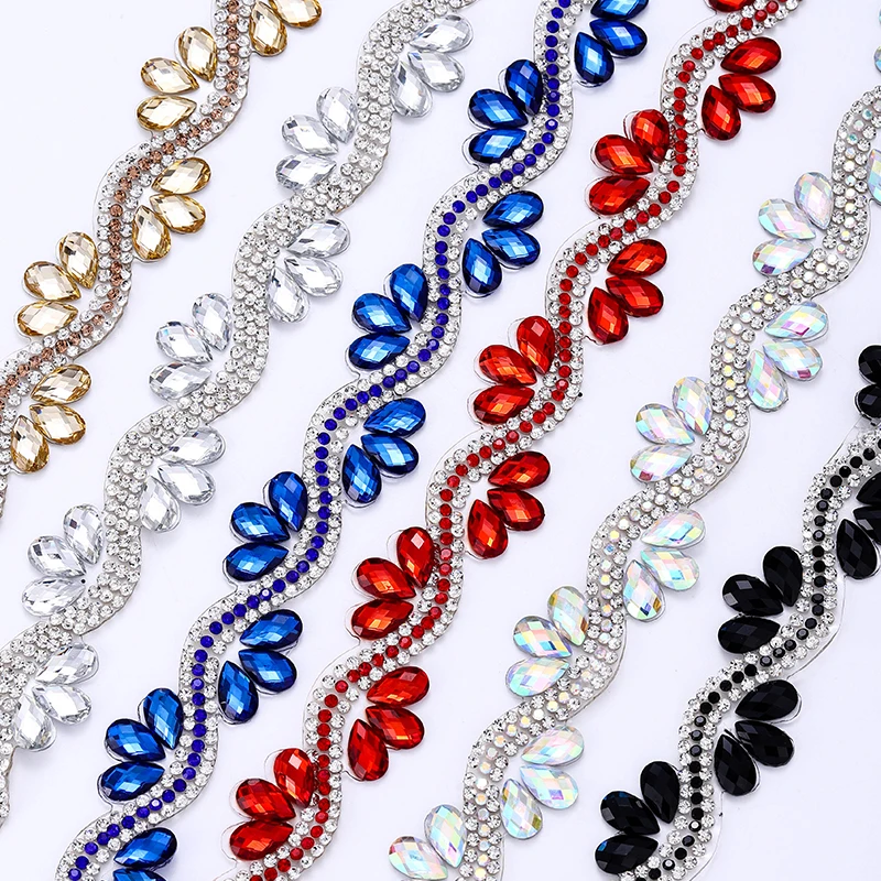 Ducrystal Multicolor Hot Fix Rhinestone Chain Glass Wave Rhinestone Iron on Crystal Trim For DIY Crafts&Clothing Accessories