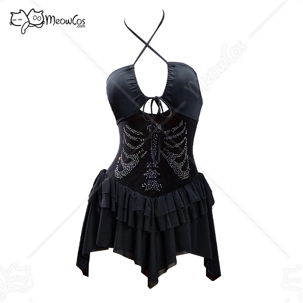 Meowcos.com Women's Black One Piece Swimsuit Goth Skeleton Print Gothic Tummy Control Bathing Suit