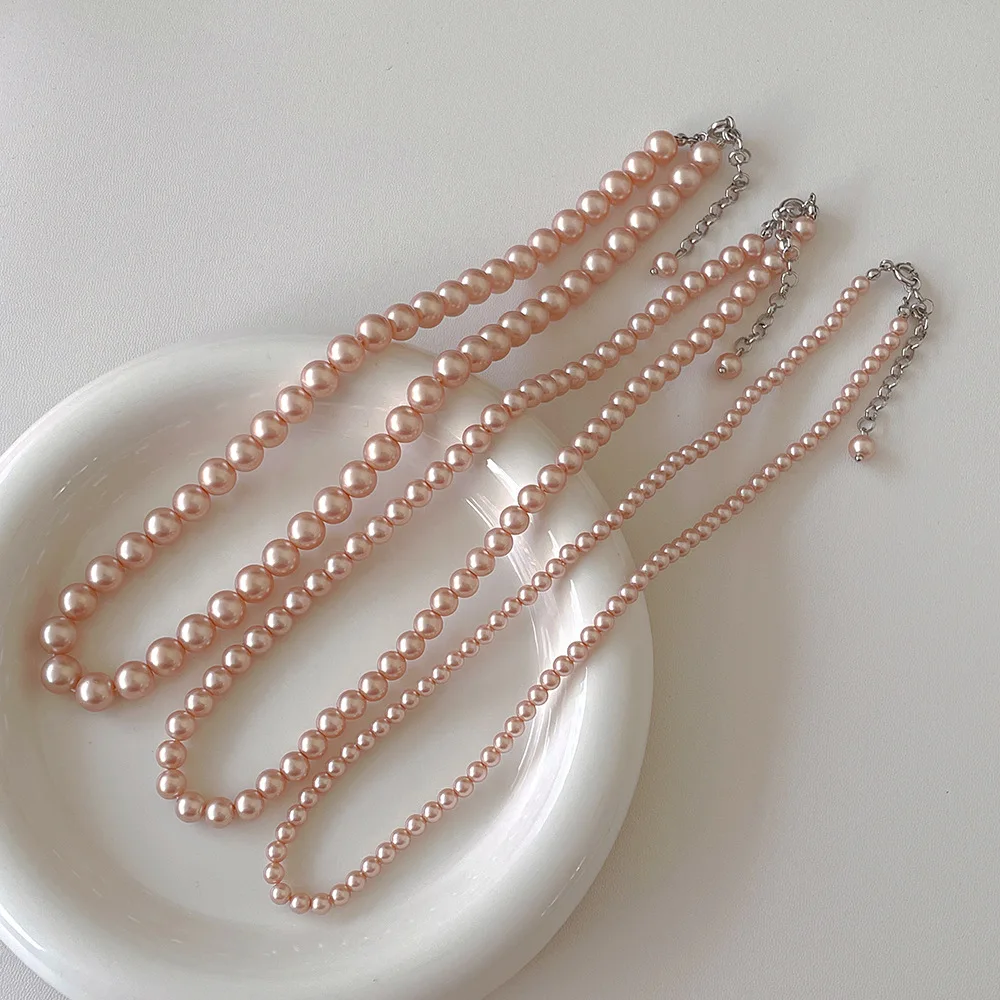 

Sweet Pink Pearl Necklace for Women Elegant Multiple Sizes Pearl Bead Chokers Retro Minimalist Design Party Jewelry Accessories