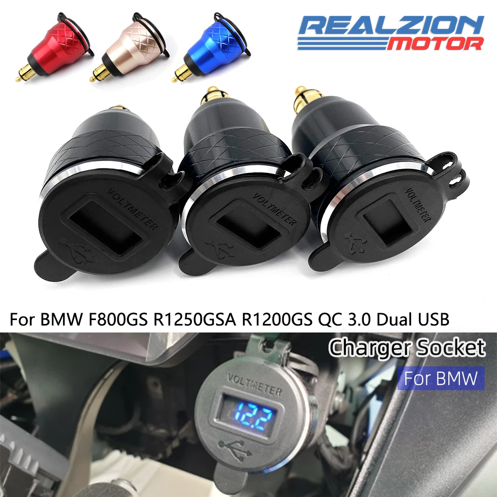 

REALZION Dual USB Waterproof Motorcycle Charger Plug Socket Cigarette Lighter Adapter LED Display For BMW F800GS R1250GS R1200GS