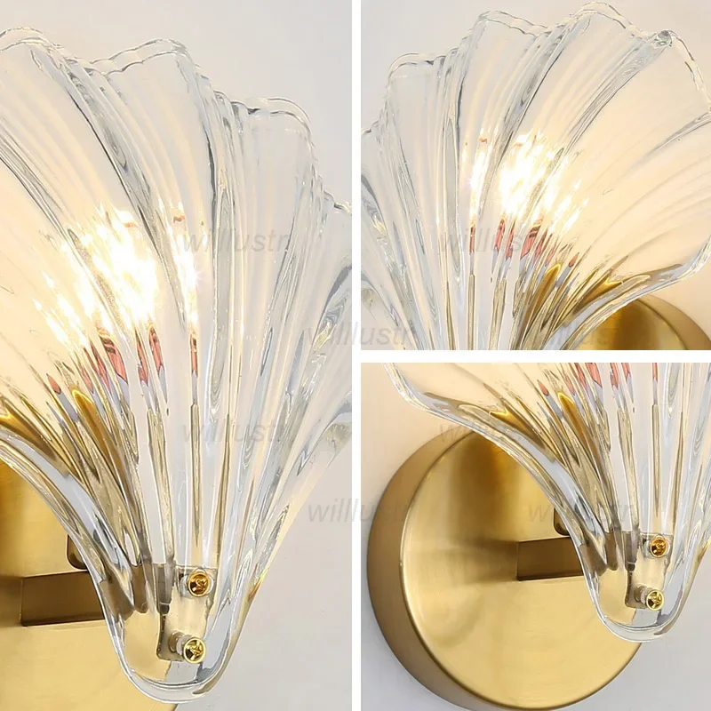 

Creative Copper Metal Sconce Light Glass Shell Wall Lamp Luxury Bedside Bar Hotel Cafe Corridor Porch Amber Clear Lighting