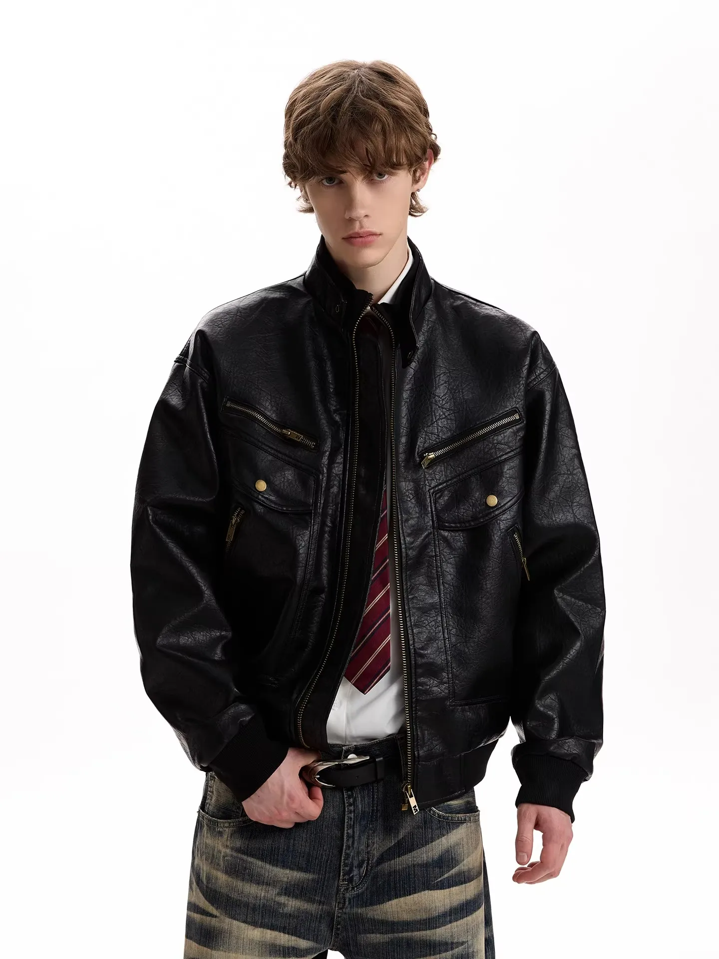 

American Retro Texture Design PU Leather Jaet Men's Women's Spring Autumn Boxy Multi-ket Motorcycle Sle Outerwear