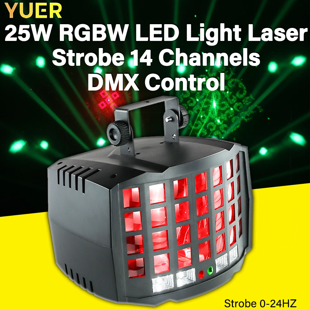 

25W RGBW 4IN1 LED Light with Laser Strobe 14 Channels DMX Control Wireless Remote Sound Activated for Wedding Bar Club Disco