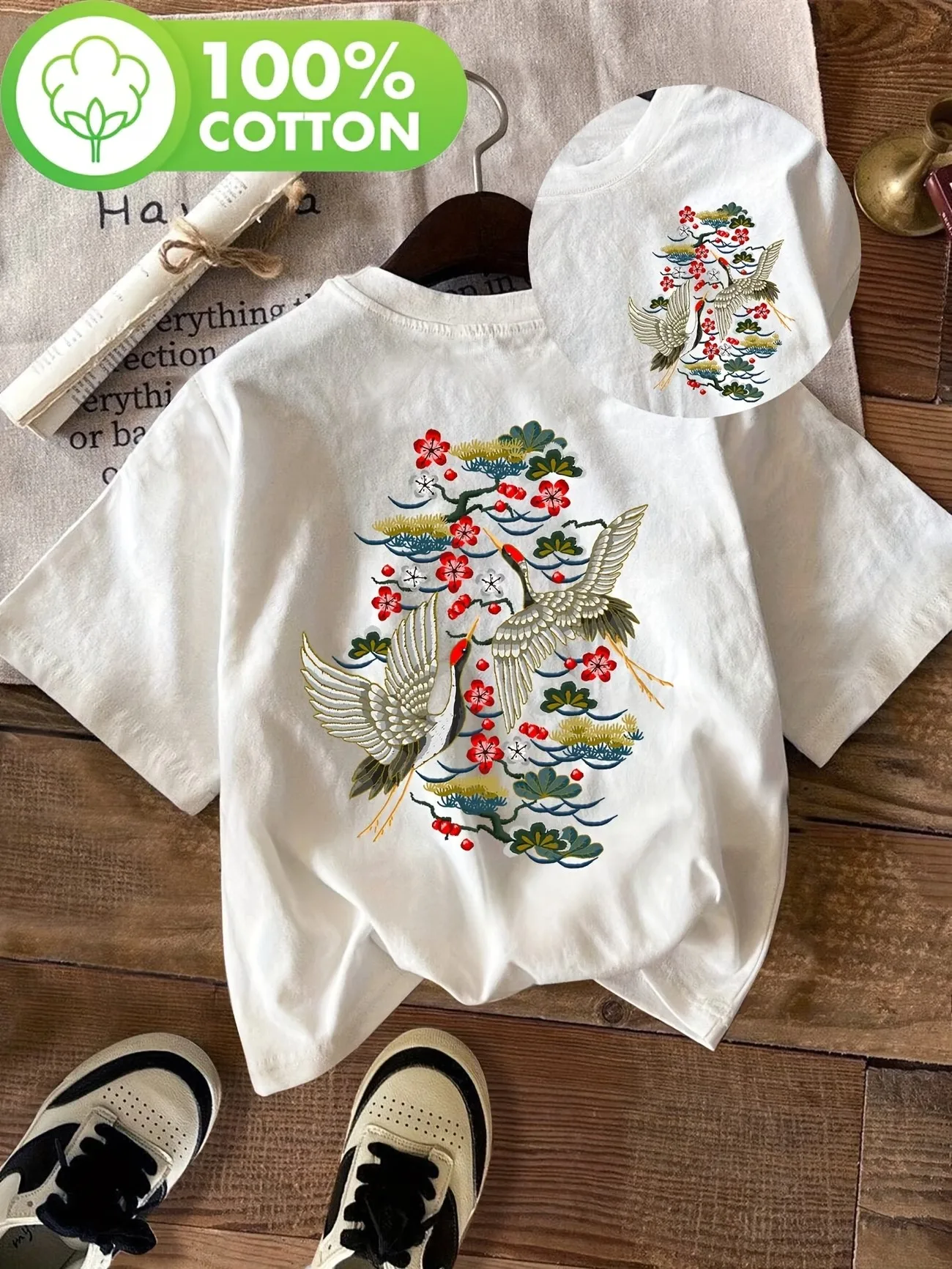 Harajuku Bird Flower Graphic T Shirt 100% Cotton Women Summer Casual Short Sleeve Crew Neck Loose Tee Vintage Bird Top Tee