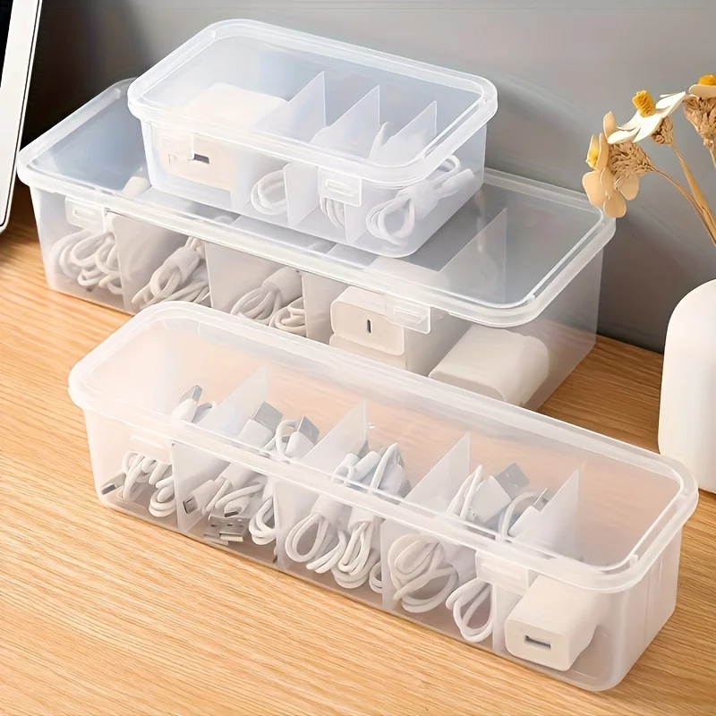 5 - Compartment Cable Management Box with Lid - Space - Saving Desk Storage for Office & Home, Durable Plastic