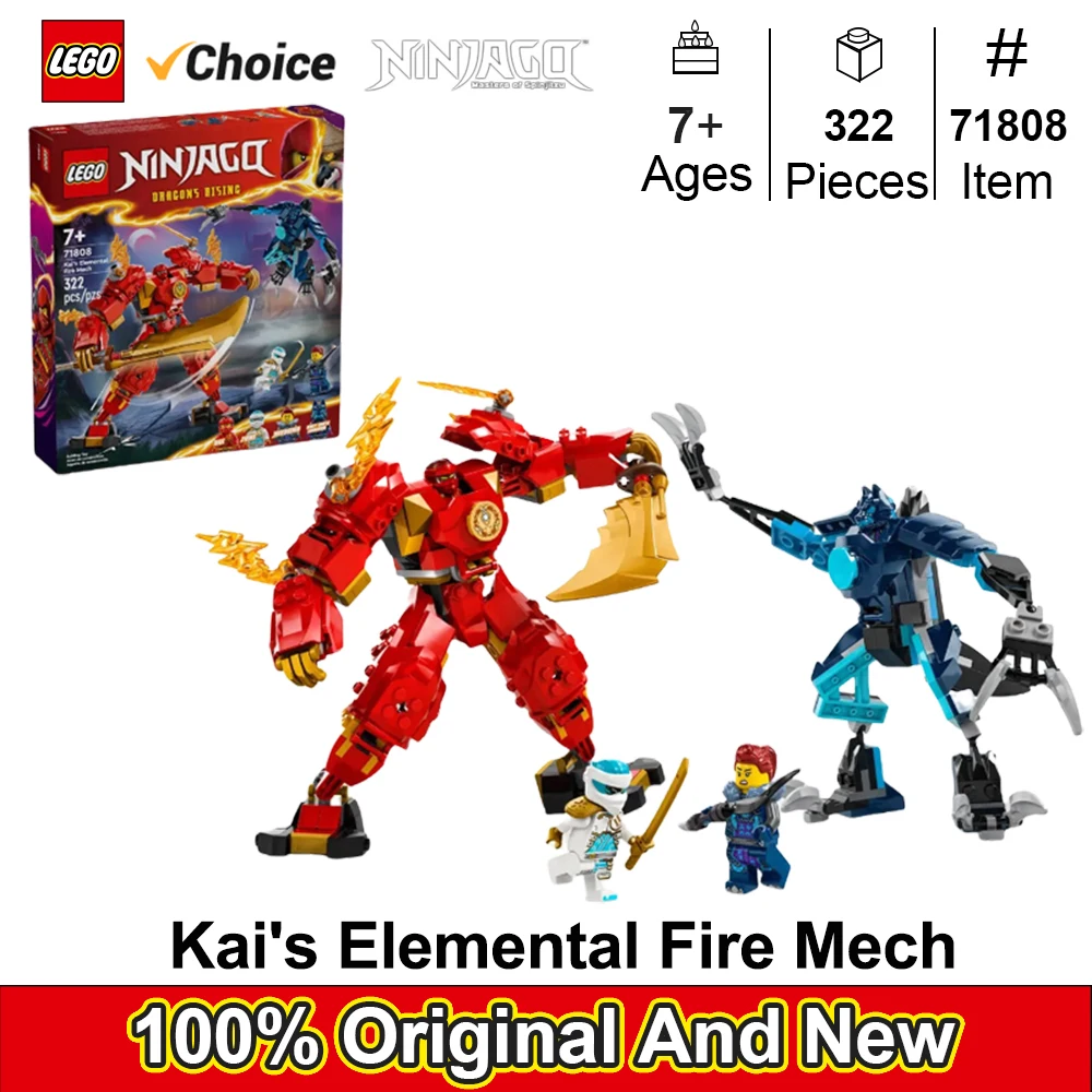 LEGO 71808  Kai’s Elemental Fire Mech , Mini Ninja Toy for Kids with Customizable Red Ninja Figure plus Kai and Zane Minifigures