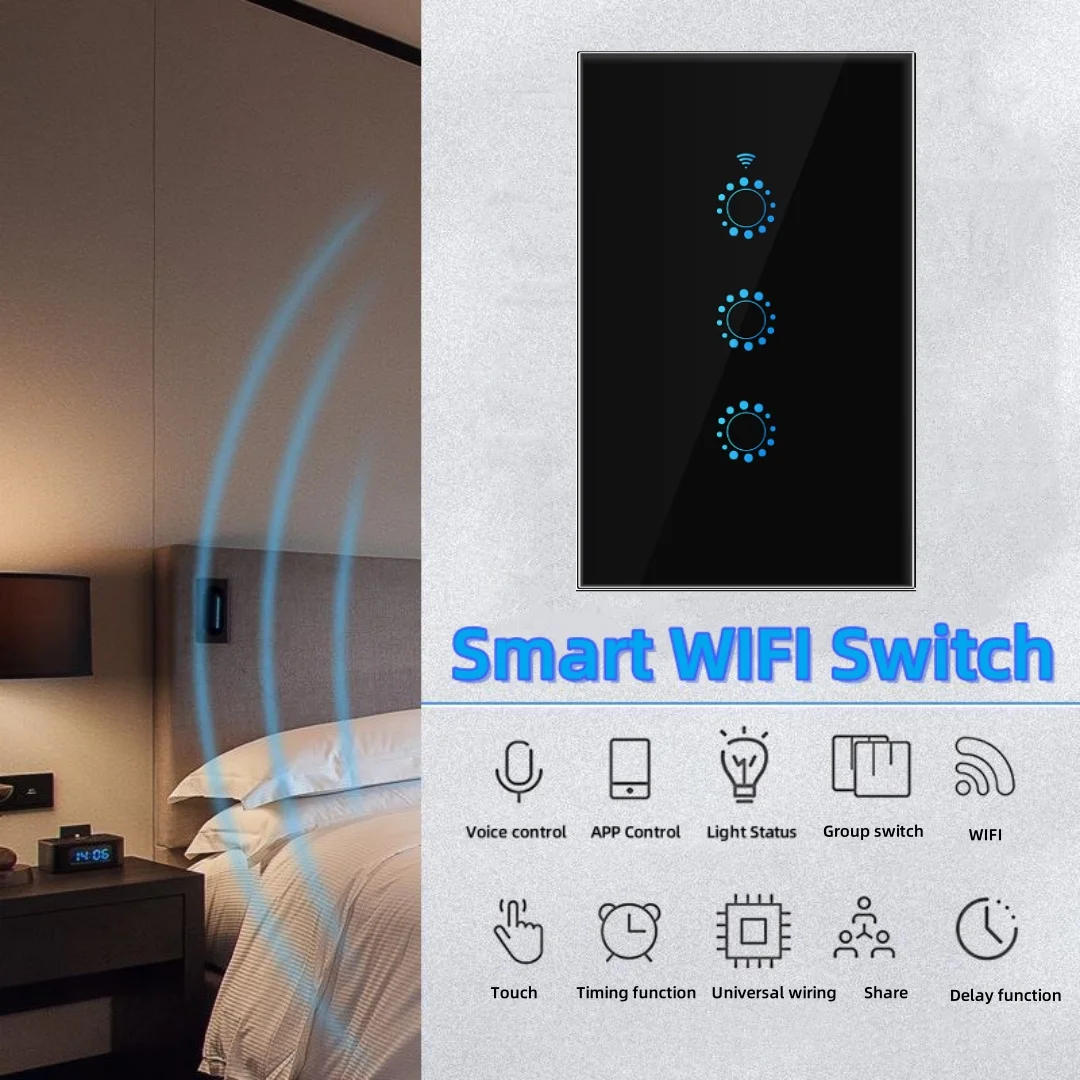 

Easy Install Smart WiFi Switch, 3 Gang, Voice (Alexa/Google/Siri) & App Control, Touch, Timer, Overload, Black, 2200W Max