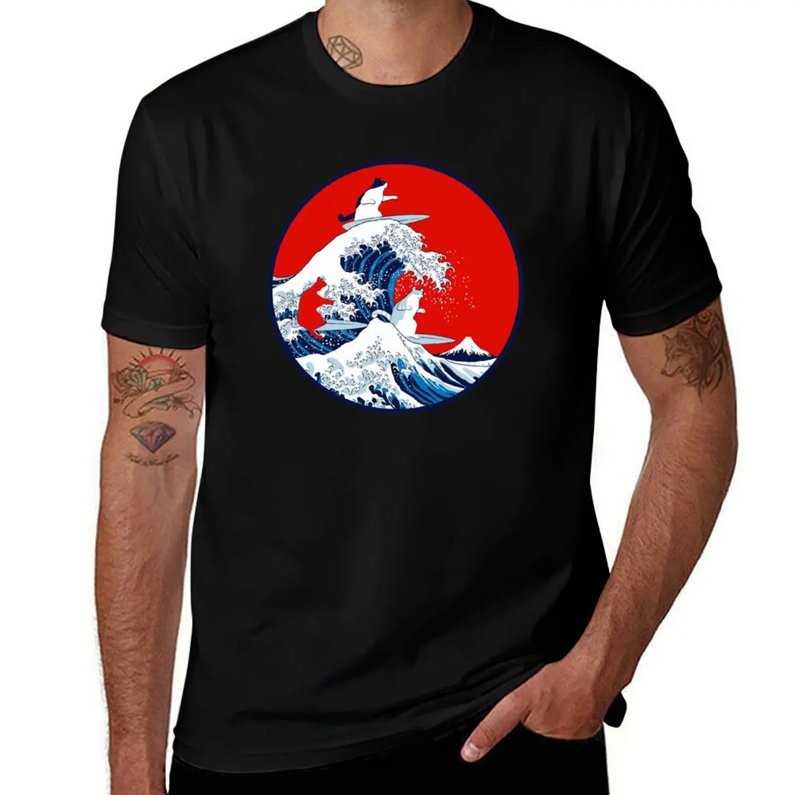 Cute Kitten Surfing Greet Wave T-Shirt Christmas Casual Tee Shirt