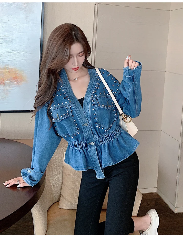 Young Women V-neck Single Breasted Denim Coat New Korean Fashion Heavy Handwork Nail Beaded Slim Waist Short Jeans Jackets Top