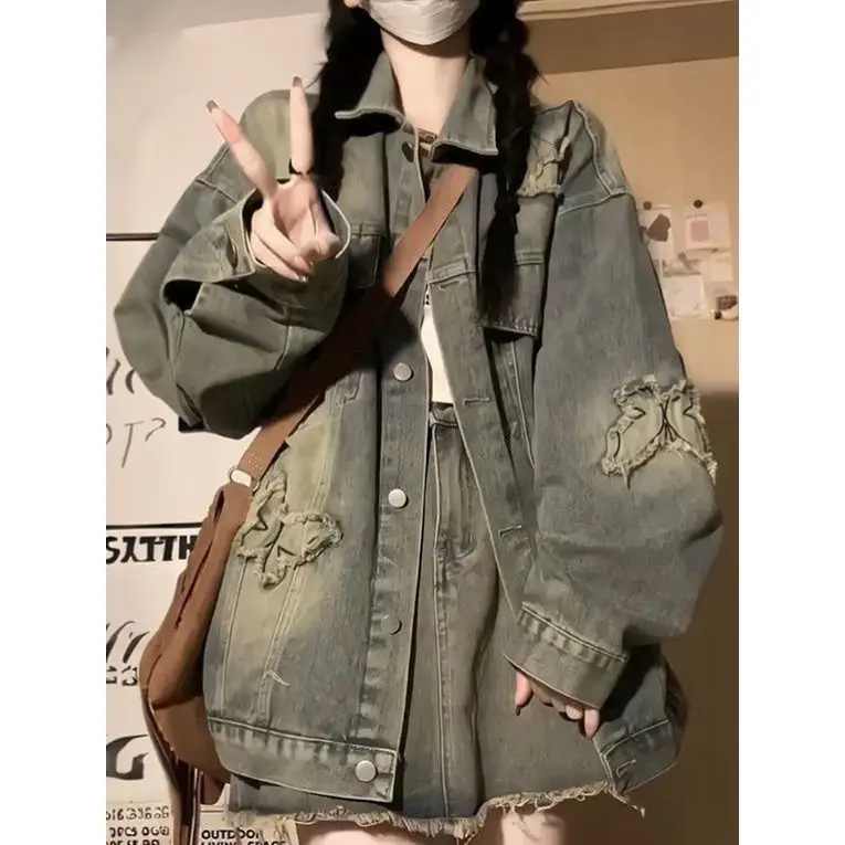 

Denim Coat Real Fur Womens Autumn Patchwork Vintage Twill Subcultures Trendy Epaulettes Button-Up Sashes Travel Leisure Jackets