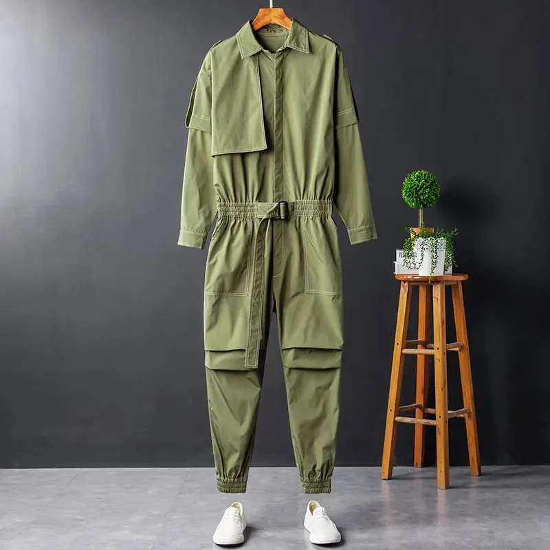 Spring Overalls Men Jumpsuit Lapel Long Sleeve Elastic Waist Beam Feet Streetwear Fashion Clothing Cargo Pants Black Trousers