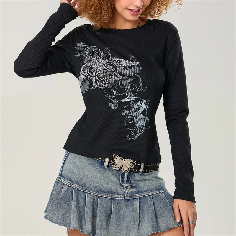 Y2k Grunge Cyber Tops Wings Graphic Print T-shirt Women Autumn Clothes Pullovers Tees Retro Aesthetic Cottage Crop Tops