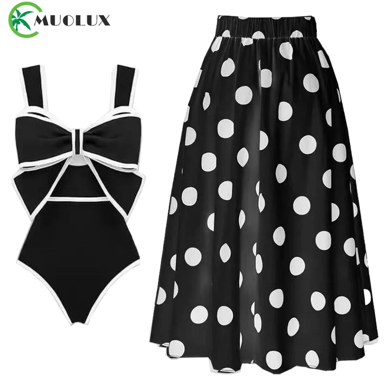 

MUOLUX 2024 Women Vintage 3D Bow-tie One Piece Swimsuit Set Vacation Swimwear Beachwear Bathing Suit Bikini Monokini Bodysuit