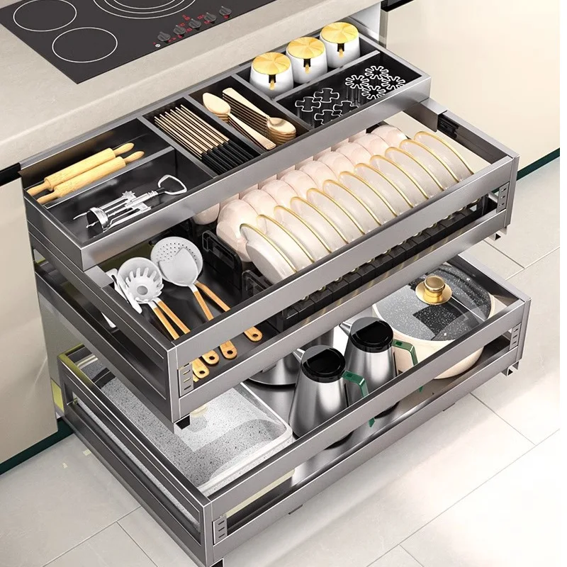 

Gun gray pull basket kitchen cabinet 304 stainless steel three-layer drawer type storage dish rack bowl basket