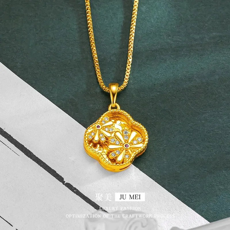 Luxury 24K 9999 Pure Gold real gold Women's Long Scale Crushed Ice Hollow Small Chrysanthemum Pendant Necklace
