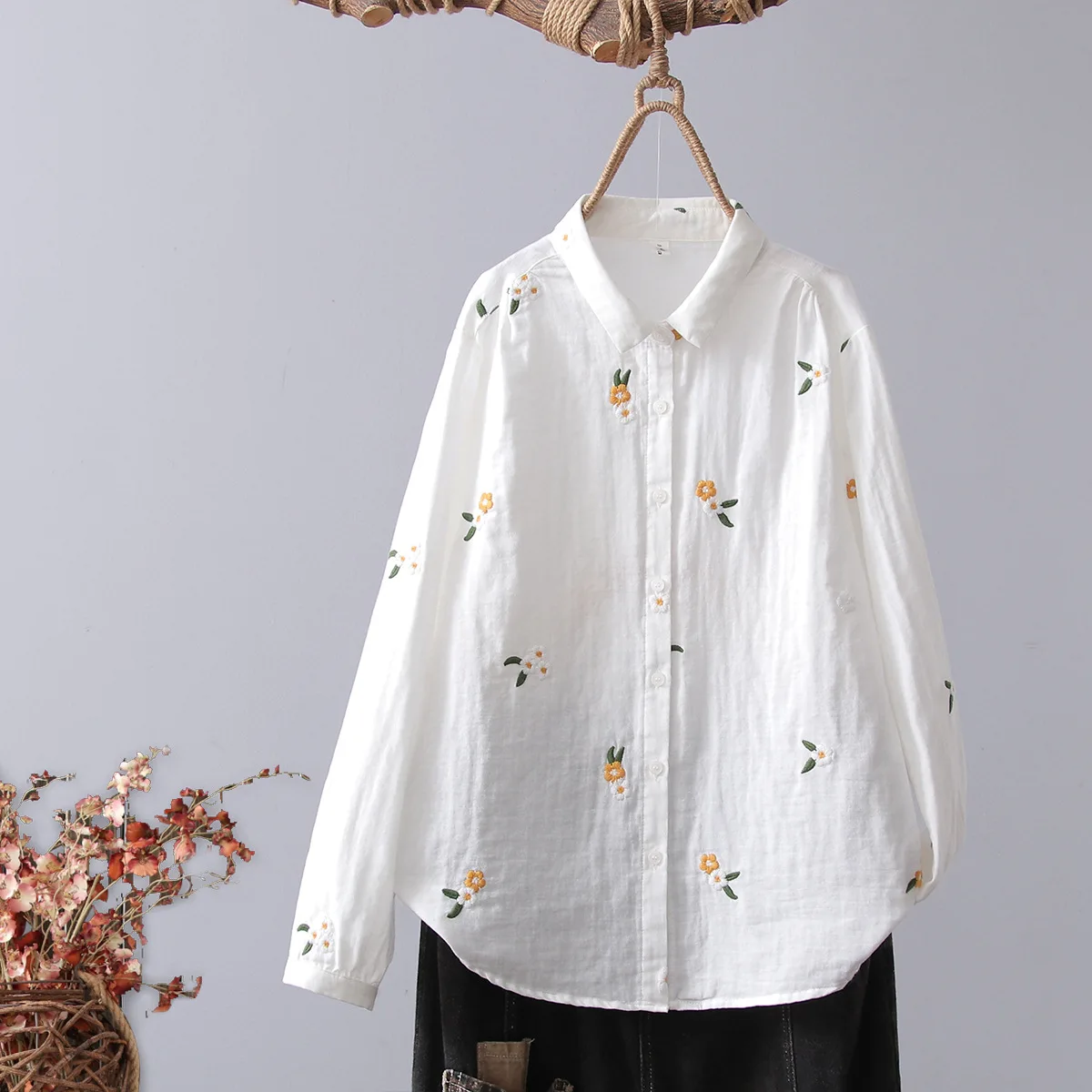 Pastoral Style Cotton White Flowers Embroidery Long Sleeve Tops Women Shirt 2025 Japanese Buttons Up Blouse Female Clothes