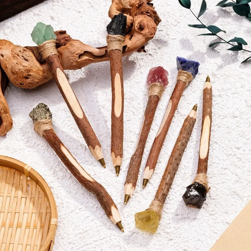 Vintage Natural Rough Crystal Ballpoint Pen Log Craft Decorative Handmade Crystal Wand Pen Wooden Writing Pen Students