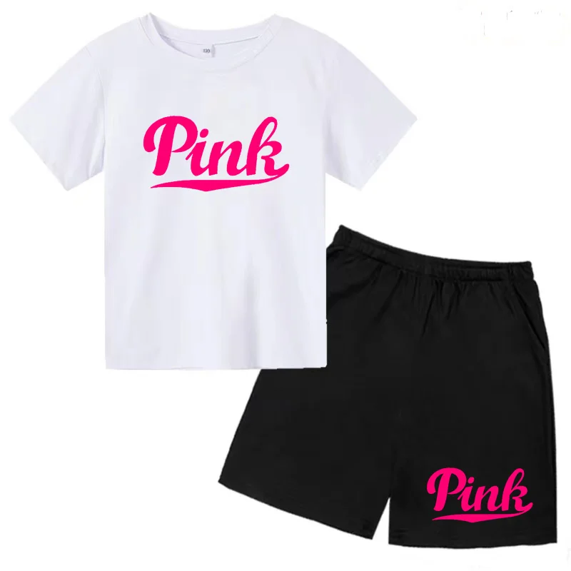 

Kids Summer T-shirt Coat Pink Letter Print 3-12Y Boys Girls Toddler Top + Shorts 2P Sport Charming Stylish Jogging Casual Suit