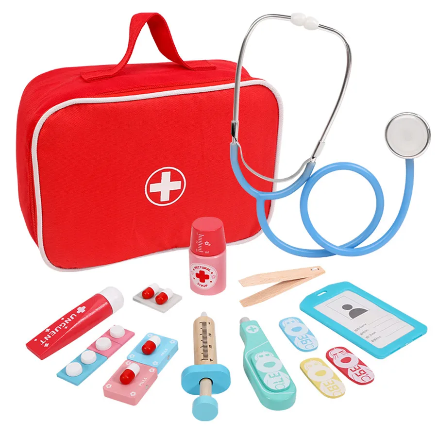 Doctor Role Play Set,Wooden Toys Doctor's Kit Play Set Incl. Syringe, Stethoscope, Thermometer and Much More Designed for Childr