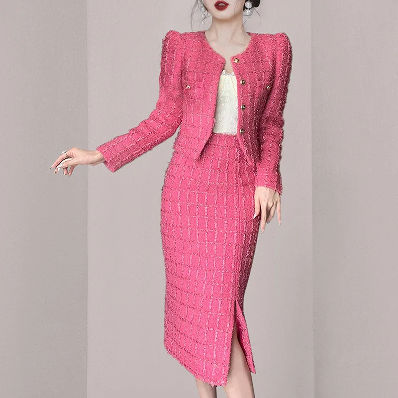 2 pieces of red coarse woolen women's suit waist cinching jacket+hip hugging skirt 2026 new small fragrance style set