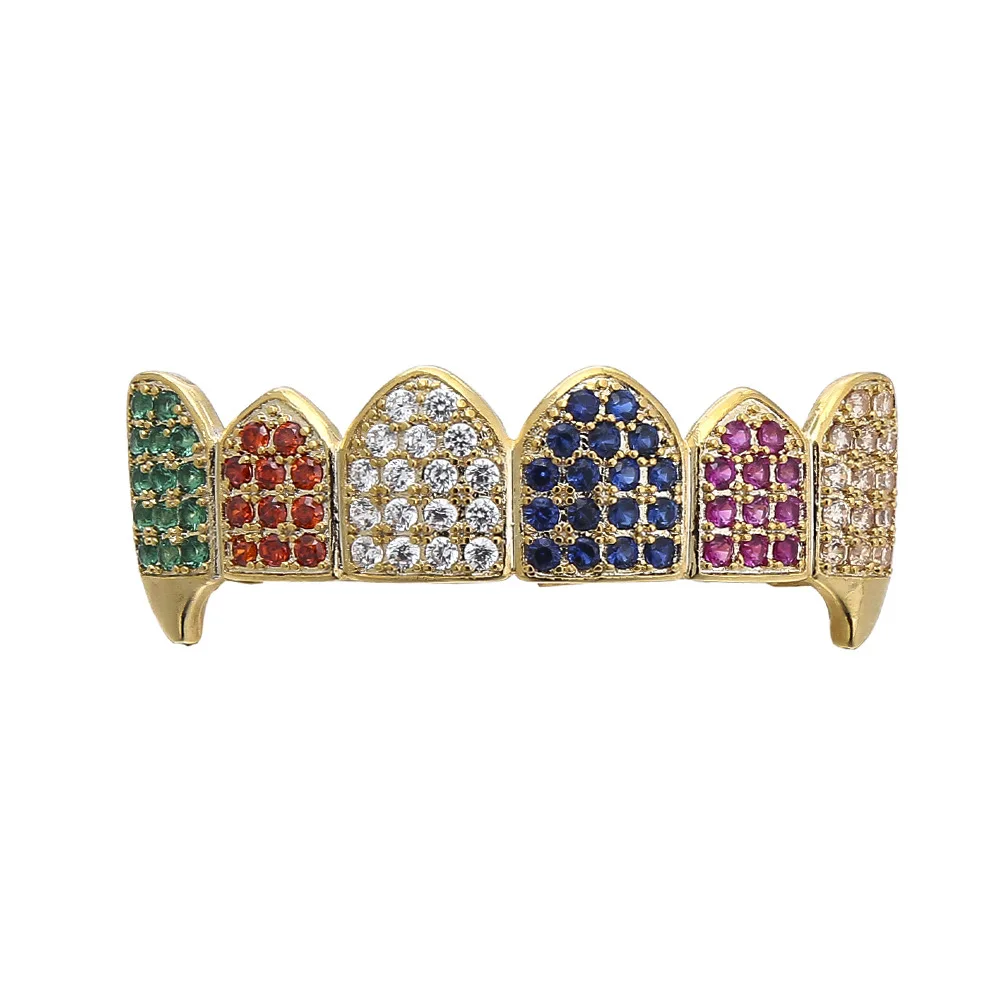 Multi-Color CZ Stones Teeth Grillz Caps Cubic Zircon Iced Out Micro Pave Top&Bottom Charm Grills For Men Women Rapper Jewelry