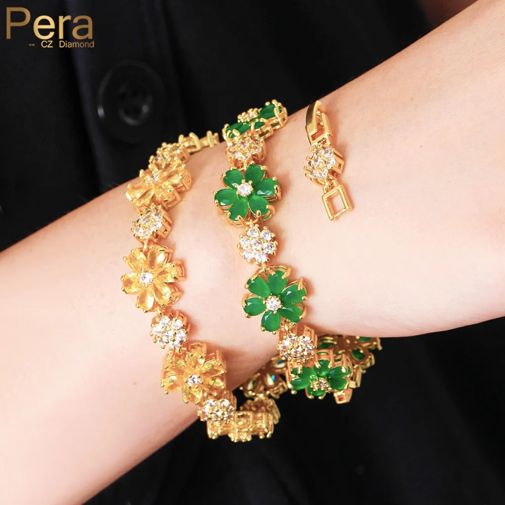 Pera Beautiful Flower Leaf Charm Green Yellow Cubic Zirconia Gold Color Women Tennis Bracelets for Birthday Jewelry Gift B152