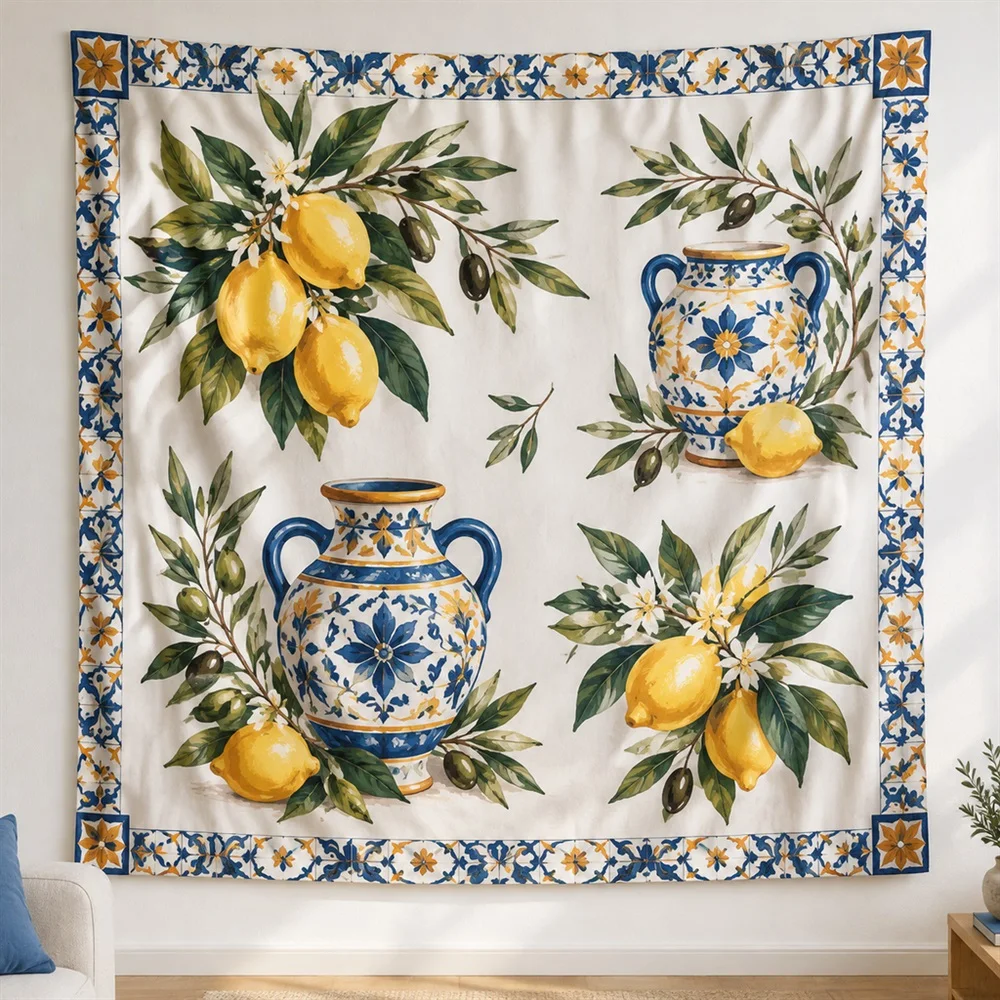 VIKAMA Lemon Branch Clustered Groups Tapestry Wall Hanging, Mediterranean Wall Art Tapestries for Living Room Bedroom Kids Room