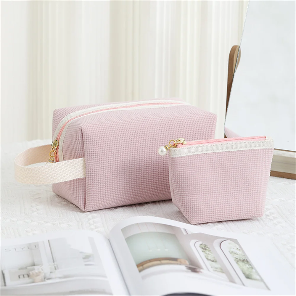 Bolsa de cosméticos portátil de pana para mujer, estuche de maquillaje de Color sólido, bolsa de almacenamiento de artículos de tocador de viaje, organizador de monedero, estuche de belleza