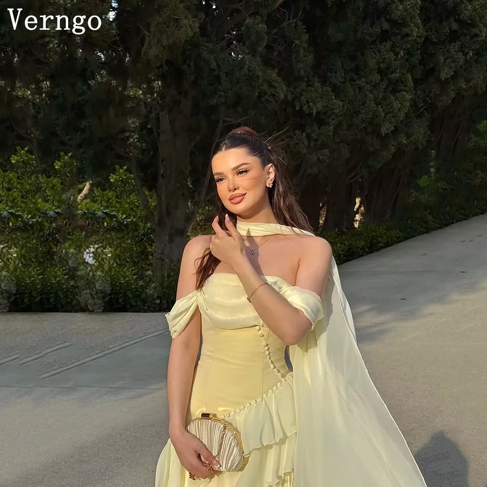 

Verngo Yellow Chiffon Off The Shoulder Evening Dress Ruffle Tiered A Line Party Gown Bridesmaid Prom Dress Women Customized