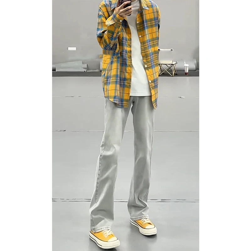 

High Waist Slim Fit Jeans Men's Spring Autumn American Sle Elastic Straight Leggings Lengthening Leg Effect Micro Flared Jeans