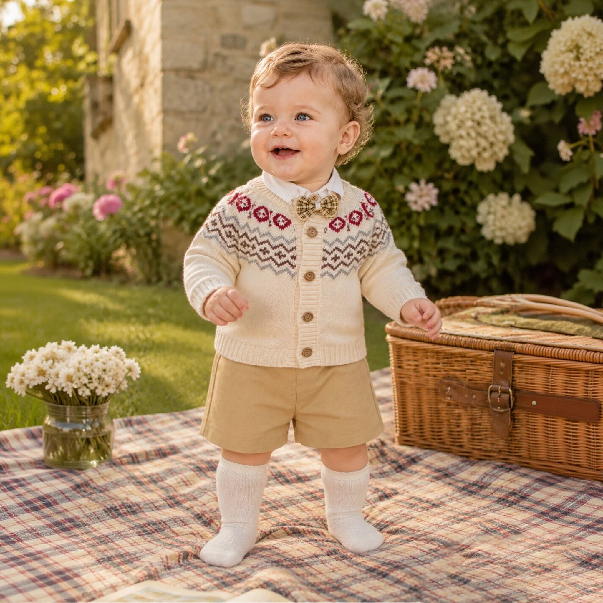 Spanisches Vintage-Kleidungsset für Babys, Jungen, Langarm-Strickjacke, Overall, Shorts, Outfit, Hochzeitsanzug für Kleinkinder, 1-4 Jahre – Detail 3