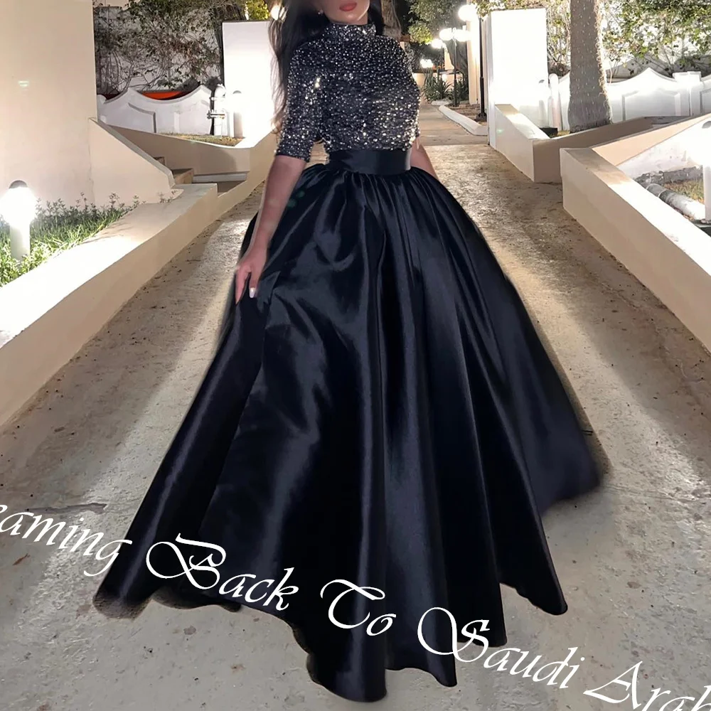 Customized  Delicate Crystal Draped High Neckline Floor Length A-Line Платье Вечернее Satin Short Sleeves Vestidos De