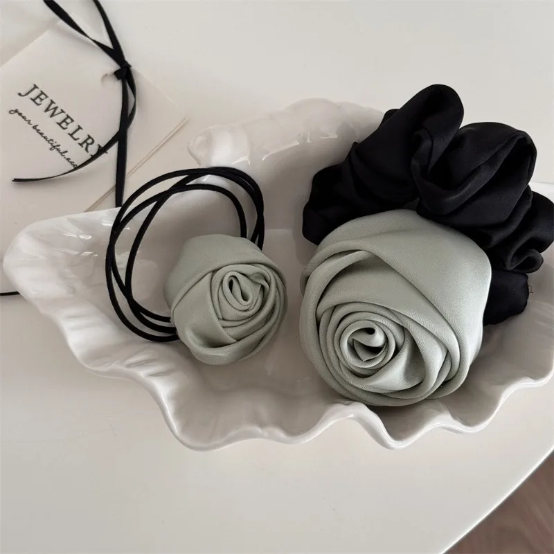 Mint Green Rose Elastic Hairbands For Women Hair Ring Rope Headdress Scrunchies Flower Satin Rubber Bands Girl Hair Accessories