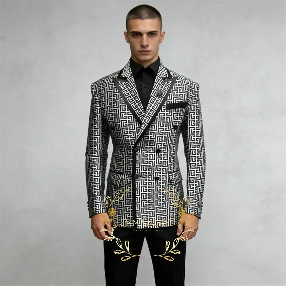 

Male Fashion White Black Suits Men 2 Piece Double Breasted Hunting Blazers Customized Groom Wedding Tuxedos Trajes Para Hombre
