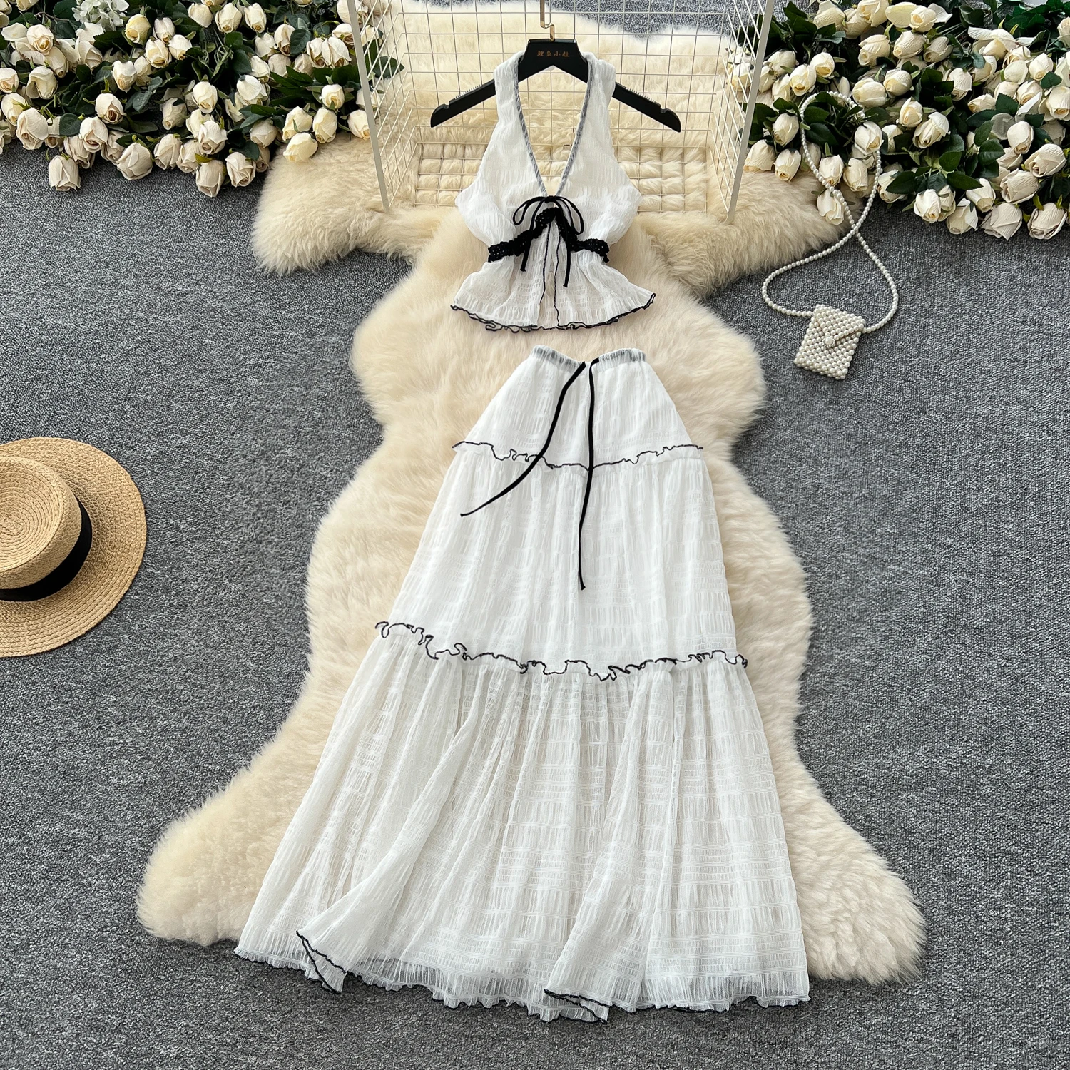 

Elegant Chic backless chiffon loose halter Dress Party A-line Vestidos High Waist Basic fairycore Women Dress Two Piece Set