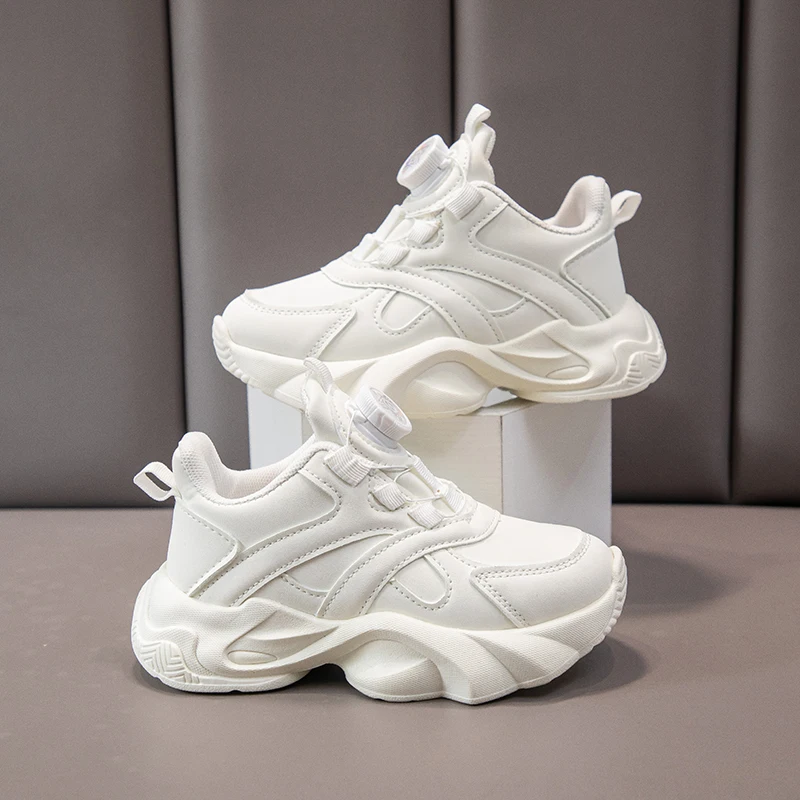 2026 New Children's Fashion Shoes, Breathable Rotating Lock Strap White Sneakers for Toddlers & Big Kids