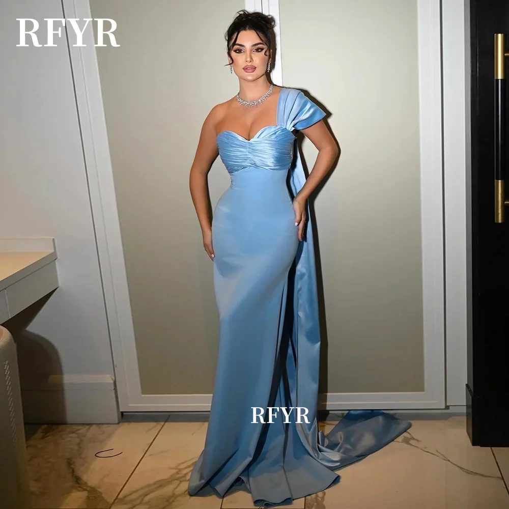 

RFYR Off Shoulder Party Dress with Side Train Blue Cleberity Gala Dress Elegant Prom Dress for Arabic Women Customized