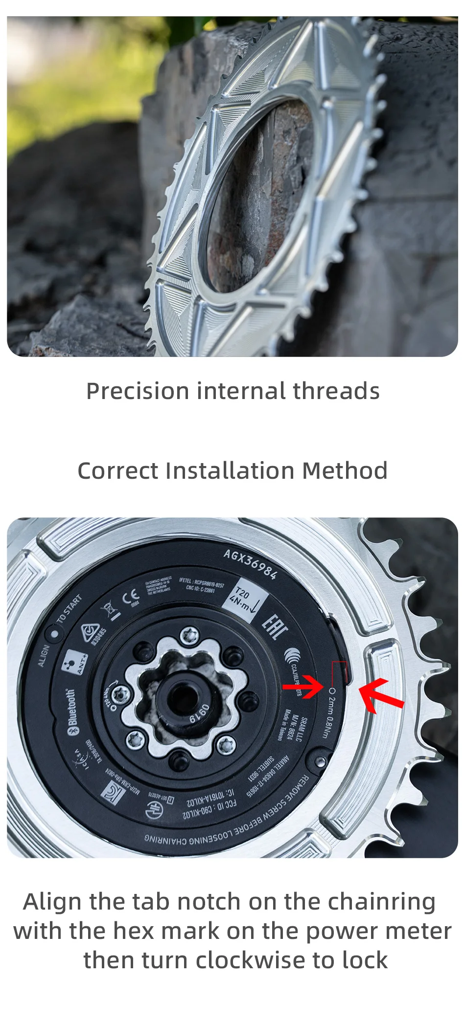 PASS QUEST Gewindekettenblatt – Kompatibel mit SRM E1 AXS Integriertem Gewinde-Spider-Leistungsmesser (Gravel 1x) – Detail 3