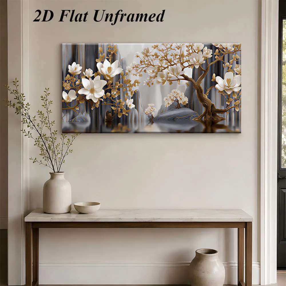 (1PC Unframe)1 modern Chinese frameless decorative painting, golden magnolia tree, landscape reflection, living room entrance,