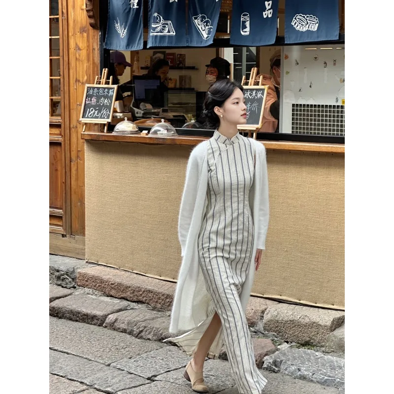 Summer Beige Striped Cheongsam New Chinese Style Long Sleeveless Waist Cinched Slimming Elegant Bodycon Qipao Dress CH-146 - view 4