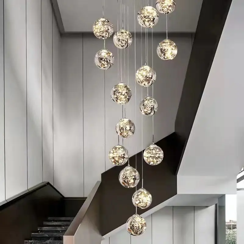 

2024 Modern Spiral Staircase Glass Ball Pendant Lamp Lustre Living Room Duplex Villa Loft Home Decoration Restaurant LED Lamp