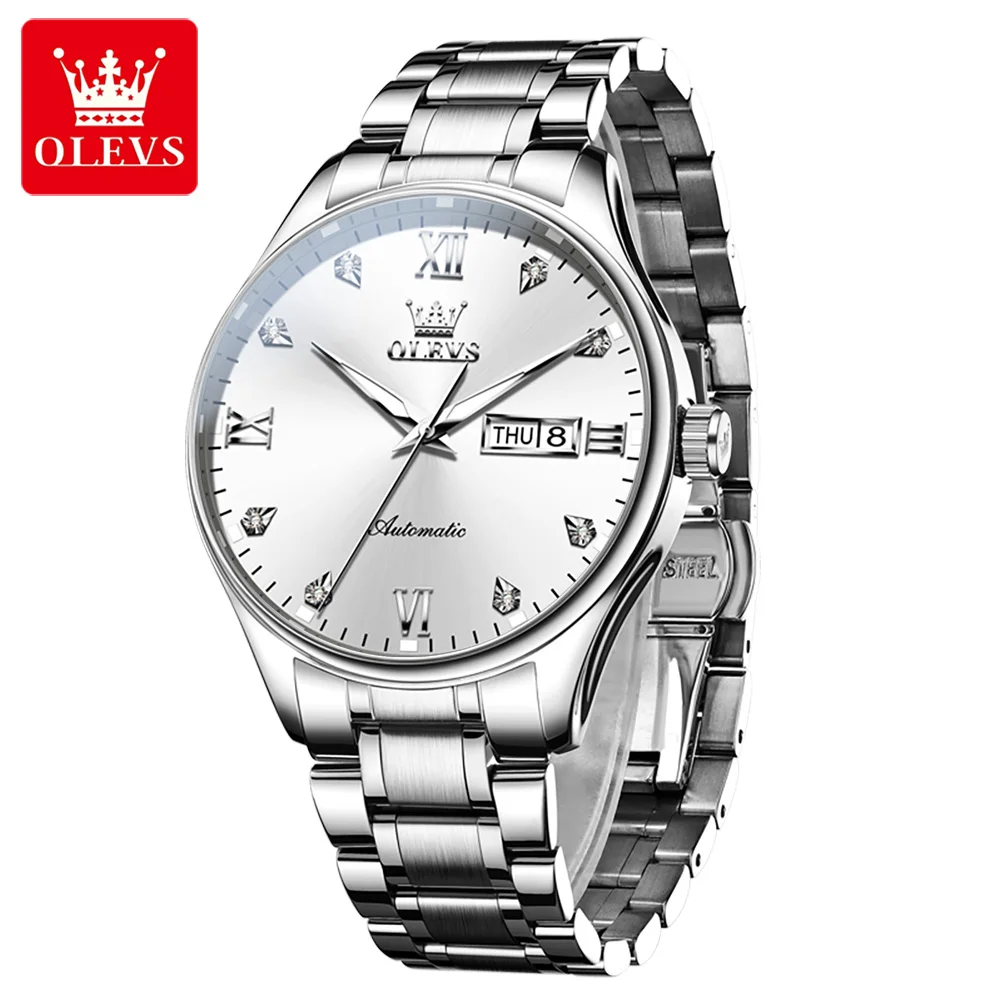 

OLEVS 9955 оригинальные автоматические механические наручные часы для мужчин, водонепроницаемые светящиеся ромбовидные весы, двойной календарь, роскошные мужские часы