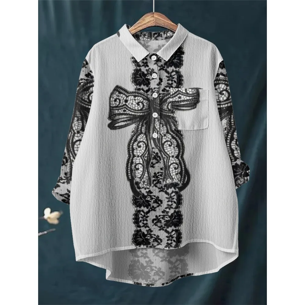

Casual Loose Women's Lace Bow Pattern Shirt Long Sleeve Half-Button Collared Top Elegant Vintage Blouse Sexy Black Floral Tops