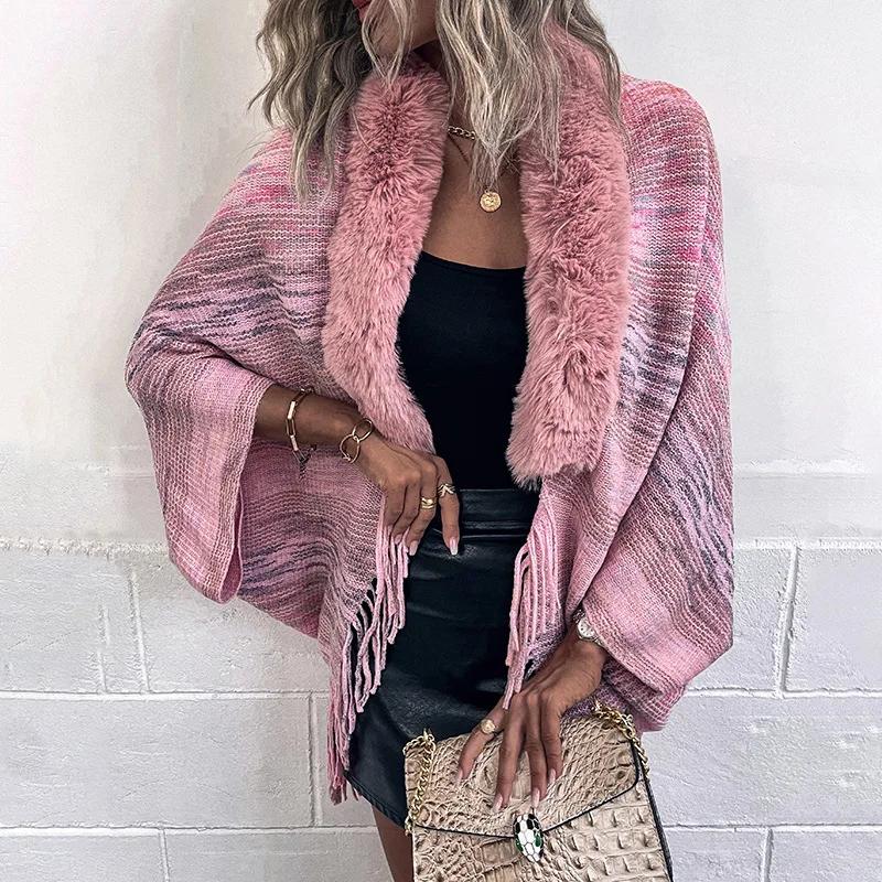 Cardigan Women 2025 Sweater Casual Rainbow Striped Cape Autumn Winter New Fur Collar Knitted Shawl Sweaters women's Clothing