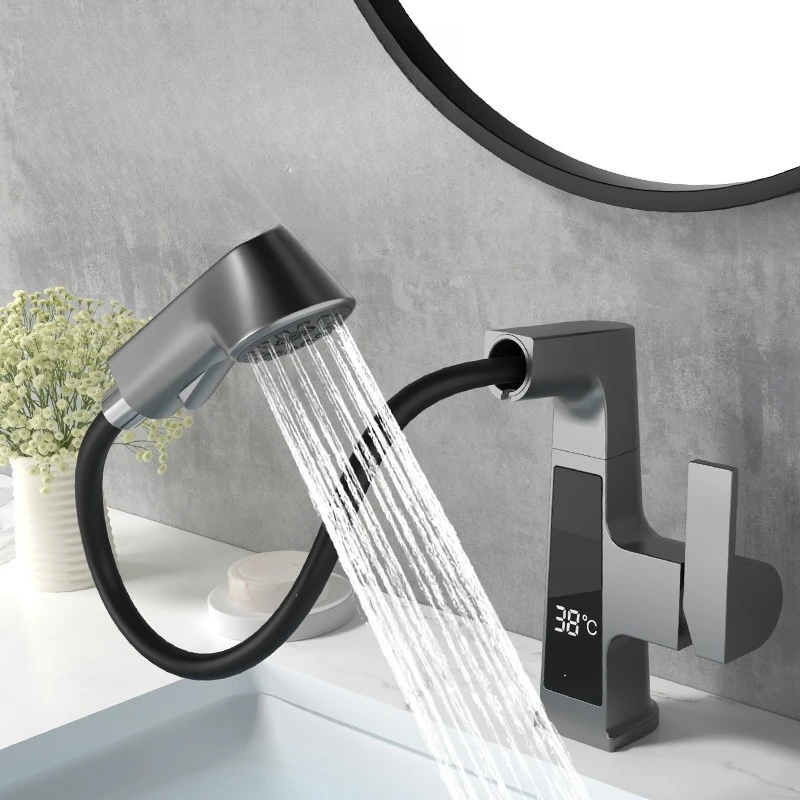 Gun Gray Digital Display Pull-out Basin Faucet, Rotating and Retractable Bathroom Cabinet Hot and Cold Dual-use Faucet