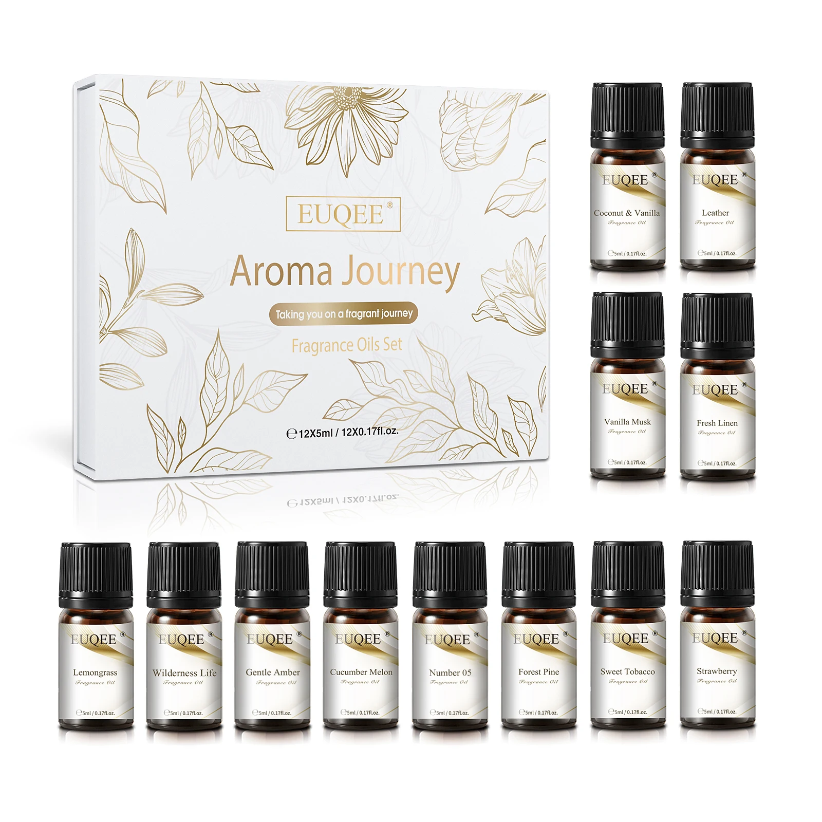 EUQEE 12 Bottles Fragrance Oils Set Coconut & Vanilla Amber Forest Pine Leather Strawberry Fresh Linen Sweet Tobacco Aroma Oil