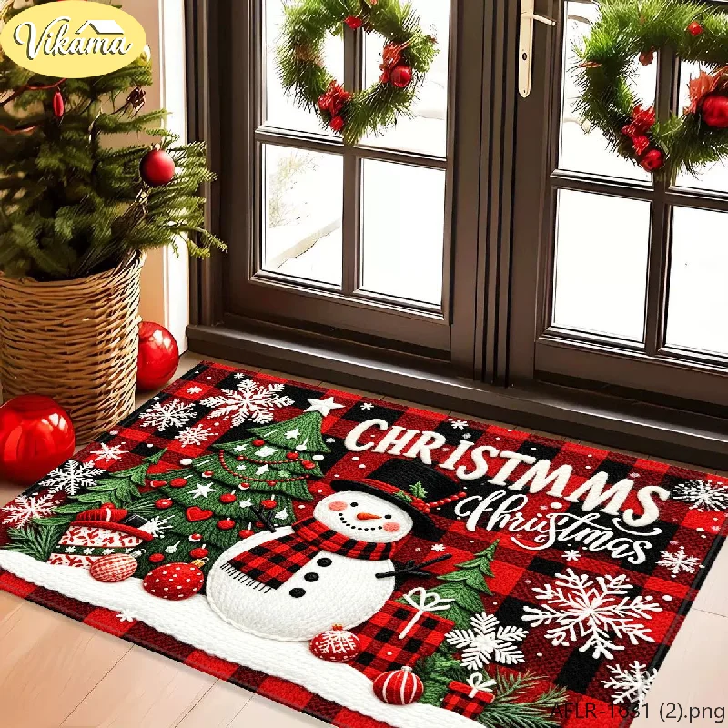 Village, Tree & House Christmas Flannel Snow Scene Door Mat, Non-Slip Washable Xmas Area Rug for Entryway Front Door Living Room