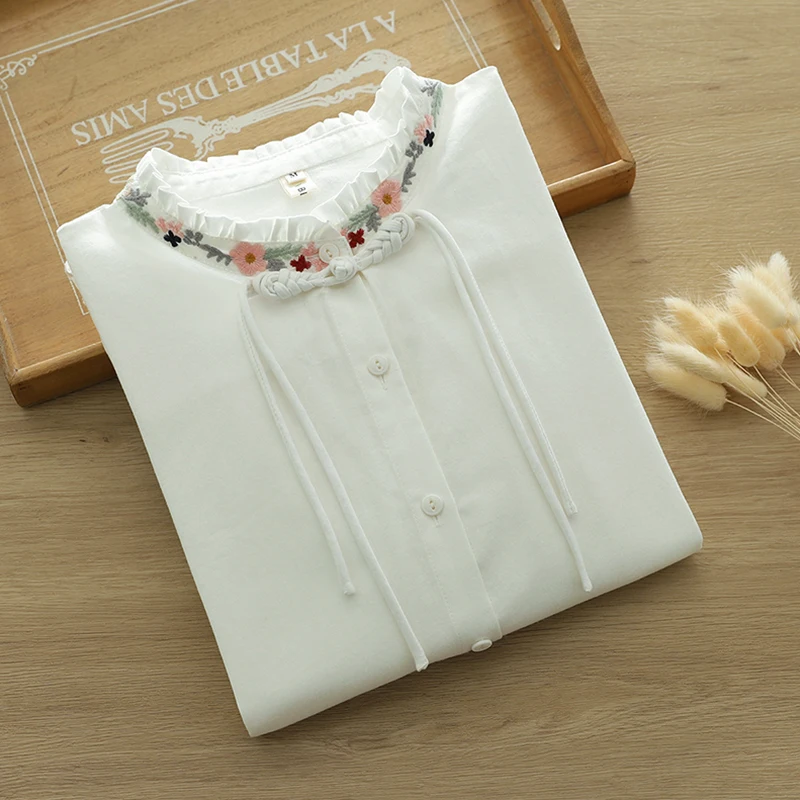 Spring Autumn Women Flower Embroidered Wooden Ear Edge Shirt White Color Stand Collar Female Button Bottom Blouse Tops U341