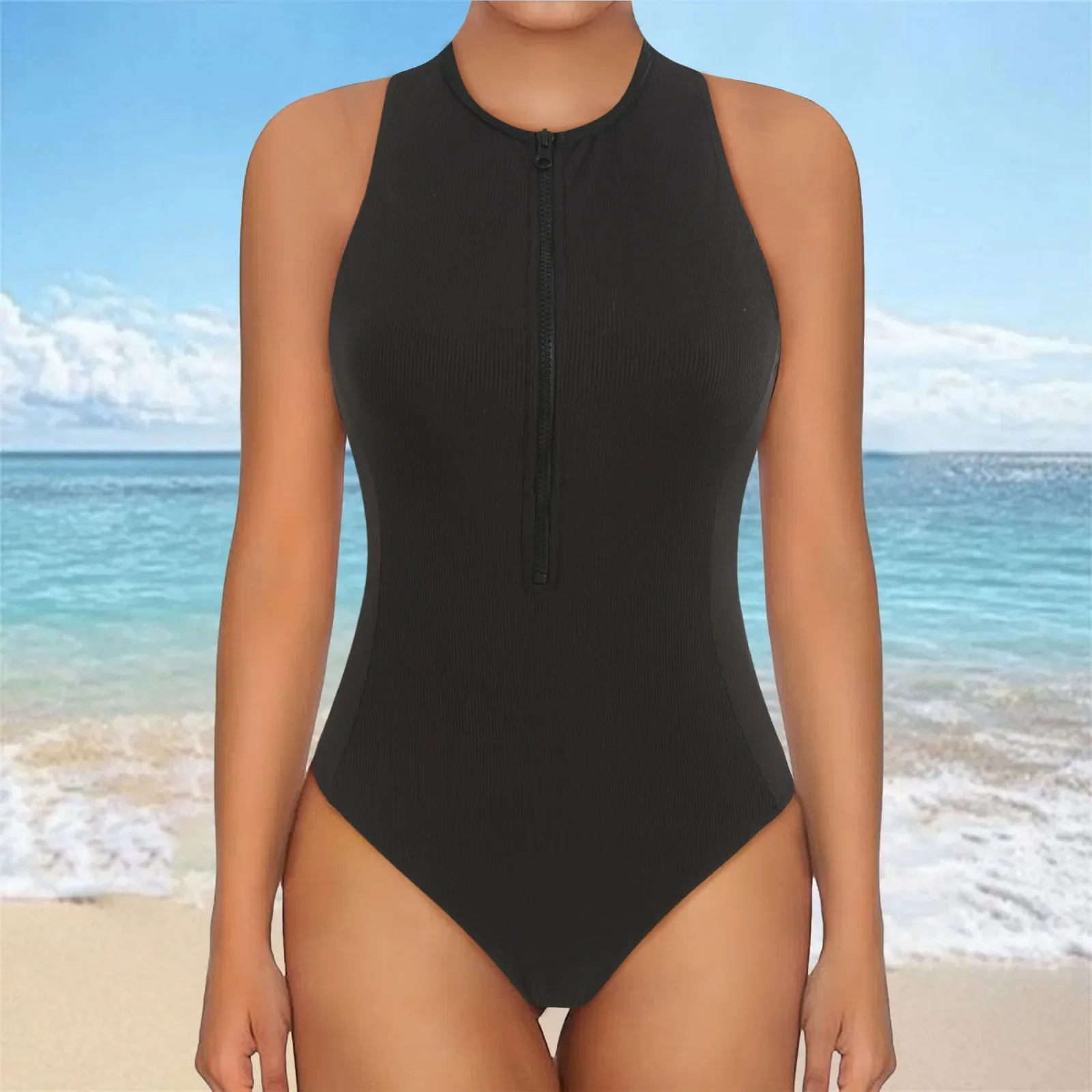 

Летние комплекты бикини, боди для женщин, без рукавов, боди с воротником-лодочкой на молнии, купальный костюм в рубчик, женская одежда для серфинга