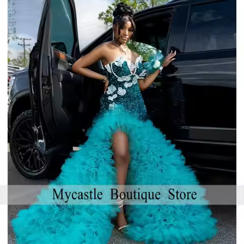 Chic Turquoise Prom Dresses Luxury Sequin Floral Mermaid Party Dress Black Girls Elegant Celebrity Evening Gowns Customized